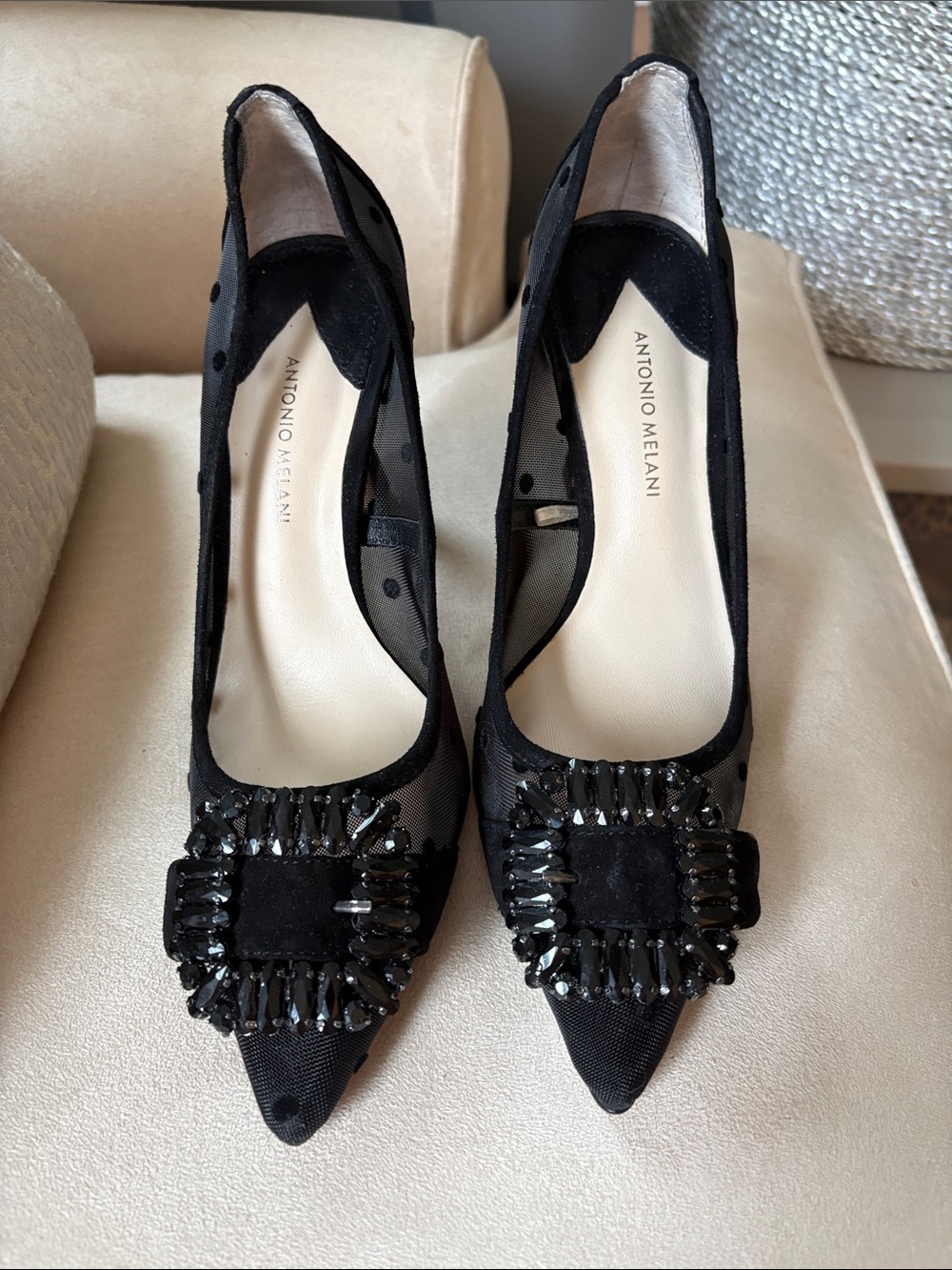 ANTONIO MELANI Black Pointed-Toe Embellished Mesh Pumps